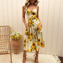 Cargar imagen en el visor de la galería, 2019 nouvelles femmes imprimer fleur rayure longue robe Sexy col en v sans manches bouton plage décontracté Boho robe Midi grande taille 3XL vestidos