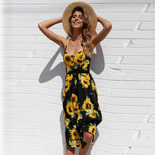 Cargar imagen en el visor de la galería, 2019 nouvelles femmes imprimer fleur rayure longue robe Sexy col en v sans manches bouton plage décontracté Boho robe Midi grande taille 3XL vestidos