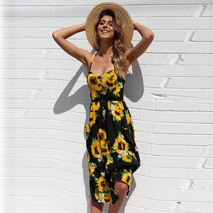 2019 nouvelles femmes imprimer fleur rayure longue robe Sexy col en v sans manches bouton plage décontracté Boho robe Midi grande taille 3XL vestidos