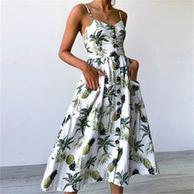 Cargar imagen en el visor de la galería, 2019 nouvelles femmes imprimer fleur rayure longue robe Sexy col en v sans manches bouton plage décontracté Boho robe Midi grande taille 3XL vestidos