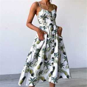 2019 nouvelles femmes imprimer fleur rayure longue robe Sexy col en v sans manches bouton plage décontracté Boho robe Midi grande taille 3XL vestidos
