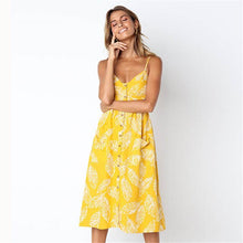 Cargar imagen en el visor de la galería, 2019 nouvelles femmes imprimer fleur rayure longue robe Sexy col en v sans manches bouton plage décontracté Boho robe Midi grande taille 3XL vestidos