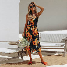 Cargar imagen en el visor de la galería, 2019 nouvelles femmes imprimer fleur rayure longue robe Sexy col en v sans manches bouton plage décontracté Boho robe Midi grande taille 3XL vestidos