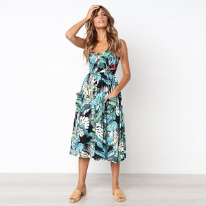 2019 nouvelles femmes imprimer fleur rayure longue robe Sexy col en v sans manches bouton plage décontracté Boho robe Midi grande taille 3XL vestidos