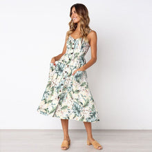 Cargar imagen en el visor de la galería, 2019 nouvelles femmes imprimer fleur rayure longue robe Sexy col en v sans manches bouton plage décontracté Boho robe Midi grande taille 3XL vestidos
