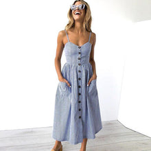 Cargar imagen en el visor de la galería, 2019 nouvelles femmes imprimer fleur rayure longue robe Sexy col en v sans manches bouton plage décontracté Boho robe Midi grande taille 3XL vestidos