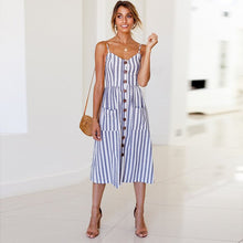 Cargar imagen en el visor de la galería, 2019 nouvelles femmes imprimer fleur rayure longue robe Sexy col en v sans manches bouton plage décontracté Boho robe Midi grande taille 3XL vestidos