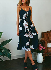 2019 nouvelles femmes imprimer fleur rayure longue robe Sexy col en v sans manches bouton plage décontracté Boho robe Midi grande taille 3XL vestidos