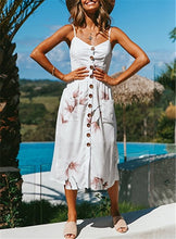Cargar imagen en el visor de la galería, 2019 nouvelles femmes imprimer fleur rayure longue robe Sexy col en v sans manches bouton plage décontracté Boho robe Midi grande taille 3XL vestidos