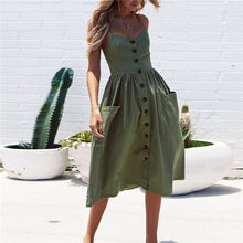 Cargar imagen en el visor de la galería, 2019 nouvelles femmes imprimer fleur rayure longue robe Sexy col en v sans manches bouton plage décontracté Boho robe Midi grande taille 3XL vestidos