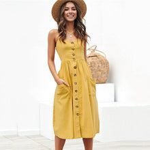 Cargar imagen en el visor de la galería, 2019 nouvelles femmes imprimer fleur rayure longue robe Sexy col en v sans manches bouton plage décontracté Boho robe Midi grande taille 3XL vestidos