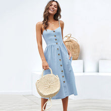 Cargar imagen en el visor de la galería, 2019 nouvelles femmes imprimer fleur rayure longue robe Sexy col en v sans manches bouton plage décontracté Boho robe Midi grande taille 3XL vestidos