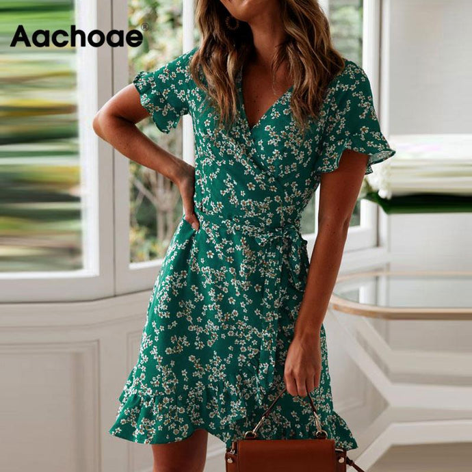 Femmes robes été 2020 Sexy col en V imprimé fleuri Boho plage Robe à volants manches courtes une ligne Mini Robe portefeuille Robe d'été