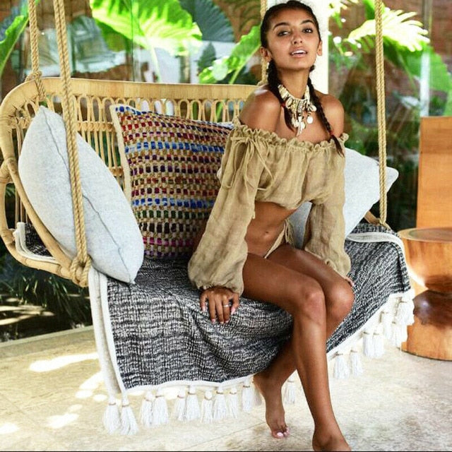 Ropa de playa de verano, cubierta de Bikini, manga larga, sin hombros, corpiño, Top corto, traje de baño, moda 2020, nueva dama, traje de baño puro, cubierta