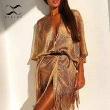 Charger l&#39;image dans la galerie, Tassel gold bikini cover up Sexy beach dress tunics for women beachwear 2020 Summer See through swimsuit cover-ups kaftan new