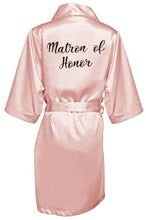 Load image into Gallery viewer, new bride bridesmaid robe with white black letters mother sister of the bride wedding gift bathrobe kimono satin robes