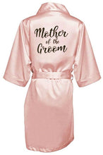 Load image into Gallery viewer, new bride bridesmaid robe with white black letters mother sister of the bride wedding gift bathrobe kimono satin robes