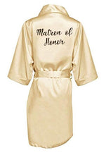 Load image into Gallery viewer, new bride bridesmaid robe with white black letters mother sister of the bride wedding gift bathrobe kimono satin robes