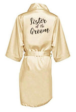 Load image into Gallery viewer, new bride bridesmaid robe with white black letters mother sister of the bride wedding gift bathrobe kimono satin robes