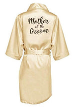 Load image into Gallery viewer, new bride bridesmaid robe with white black letters mother sister of the bride wedding gift bathrobe kimono satin robes