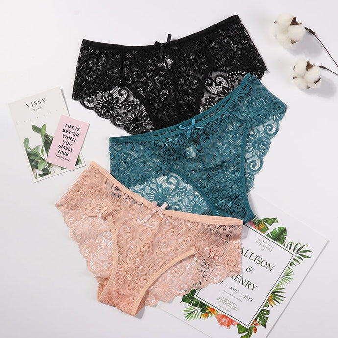 ¡3 piezas/paquete! Bragas de encaje sexy para mujer, ropa interior, calzoncillos de encaje SML XL, lencería suave con lazo Floral transparente