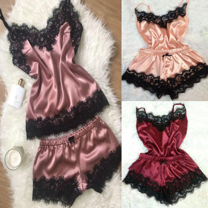 ¡Novedad de 2020! Ropa de dormir con lazo para mujer, ropa de dormir con tirantes sin mangas, camisola de satén con ribete de encaje, conjuntos de pijama, lencería sexy para mujer, pijama para mujer