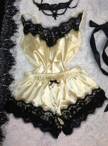 ¡Novedad de 2020! Ropa de dormir con lazo para mujer, ropa de dormir con tirantes sin mangas, camisola de satén con ribete de encaje, conjuntos de pijama, lencería sexy para mujer, pijama para mujer