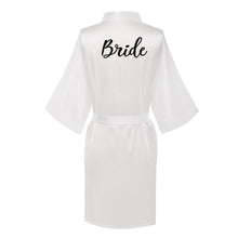 Load image into Gallery viewer, new bride bridesmaid robe with white black letters mother sister of the bride wedding gift bathrobe kimono satin robes