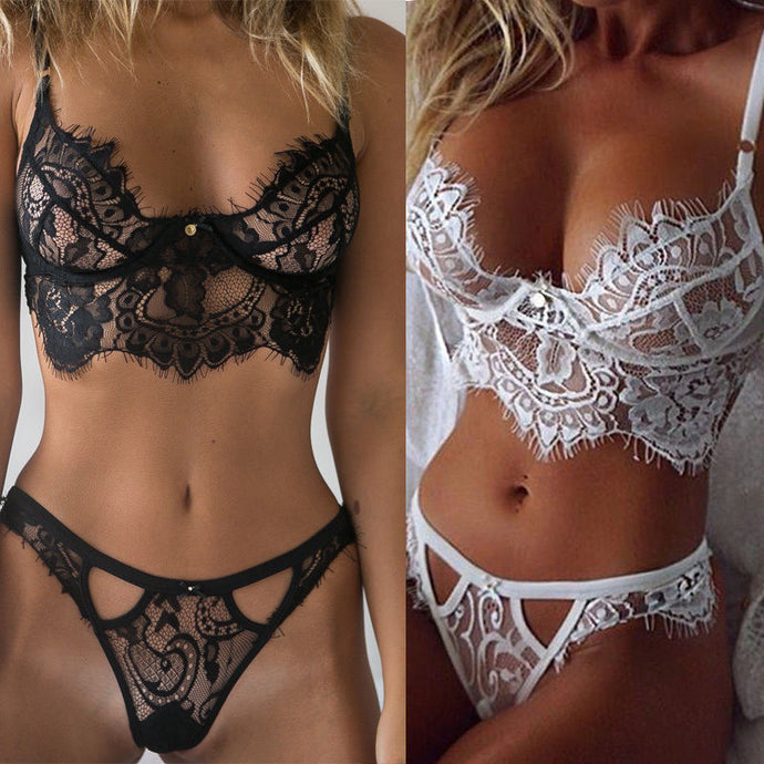 Women Sexy Bra Set Solid Color Floral Lace Push-up Padded Ladies Triangle Solid Color Bra Set Femme Underwear 2 Color