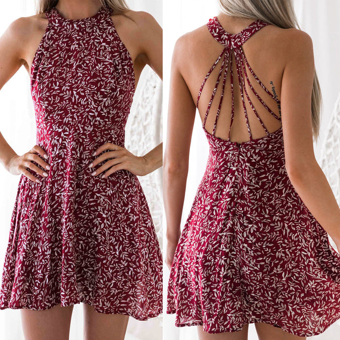 Womens Boho Beach Summer Holiday tumblr Sundress Halter Floral Mini Dress Ladies Slim Sleeveless vestido playa