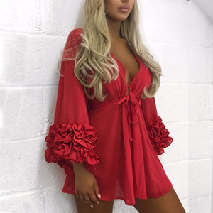 Summer Sexy Beach Mini Dress Women Long Puff Sleeve Bikini Cover Up Tunic Pareo Sarong Swimwear Mesh Sundress Robe