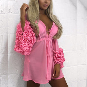 Summer Sexy Beach Mini Dress Women Long Puff Sleeve Bikini Cover Up Tunic Pareo Sarong Swimwear Mesh Sundress Robe
