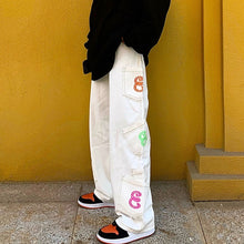 Charger l&#39;image dans la galerie, Retro Pocket Letter Print Straight Cargo Pants Men and Women Oversize Jeans Trousers Harajuku Streetwear Casual Denim Pants
