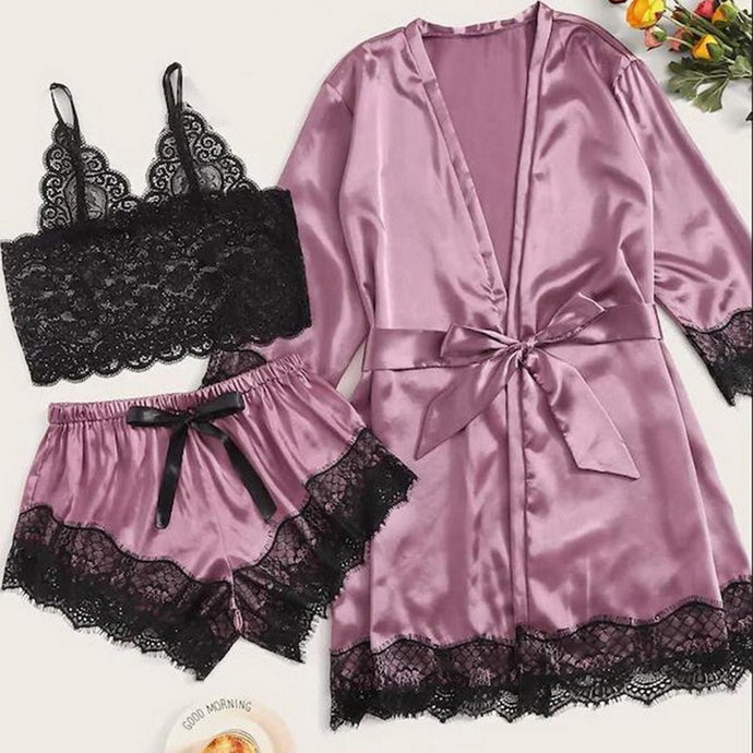 Long sleeve Womens Pajamas Sexy Lace Lingerie Nightwear Underwear Sleepwear 3PC Suit Pajama Sets For Women Pijama Mujer
