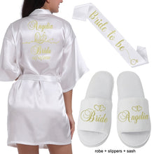 Cargar imagen en el visor de la galería, Logotipo personalizado Weddin Fecha Nombre Faux Silk Kimono Robe Mujer Boda Novia Dama de honor Batas Despedida de soltera Boda Preparewear