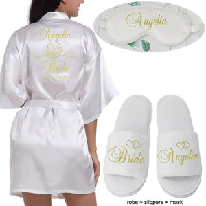 Logotipo personalizado Weddin Fecha Nombre Faux Silk Kimono Robe Mujer Boda Novia Dama de honor Batas Despedida de soltera Boda Preparewear