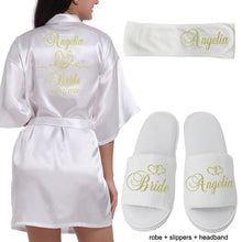 Cargar imagen en el visor de la galería, Logotipo personalizado Weddin Fecha Nombre Faux Silk Kimono Robe Mujer Boda Novia Dama de honor Batas Despedida de soltera Boda Preparewear