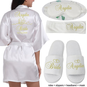 Logotipo personalizado Weddin Fecha Nombre Faux Silk Kimono Robe Mujer Boda Novia Dama de honor Batas Despedida de soltera Boda Preparewear
