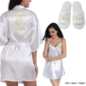 Logotipo personalizado Weddin Fecha Nombre Faux Silk Kimono Robe Mujer Boda Novia Dama de honor Batas Despedida de soltera Boda Preparewear