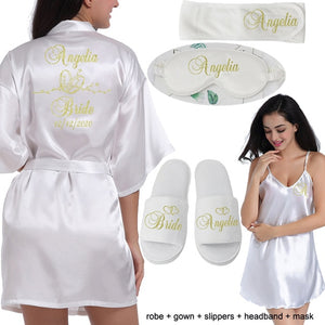Logotipo personalizado Weddin Fecha Nombre Faux Silk Kimono Robe Mujer Boda Novia Dama de honor Batas Despedida de soltera Boda Preparewear