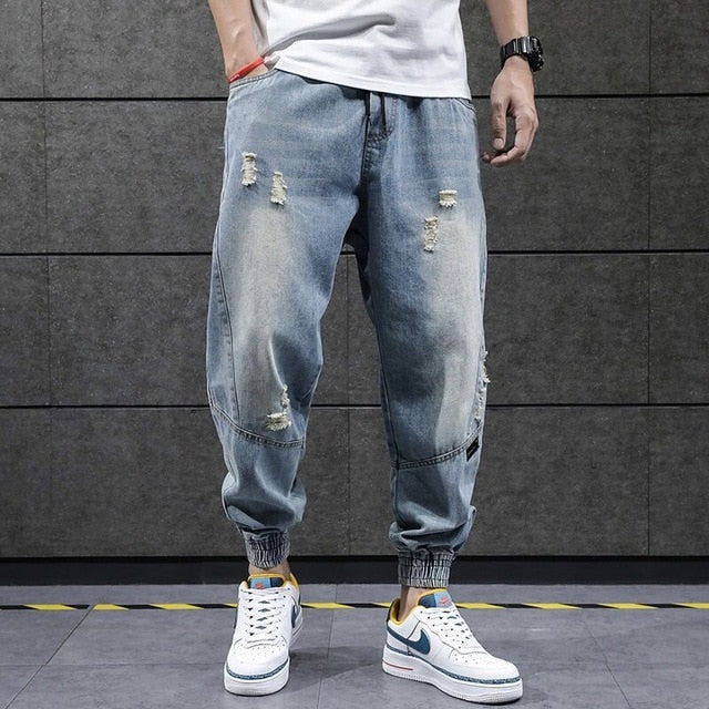 2020 New Hip Hop Harem Jeans Pants Men Loose Joggers Denim Casual Sweatpants Korea Ankle Length Trousers Streetwear