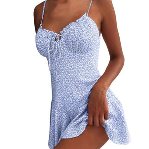 Muyogrt Women Dress Summer V Neck Sexy Floral Print Mini Dress  Shoulder Ruffle Party Dress Femme Backless A-Line Short Dress