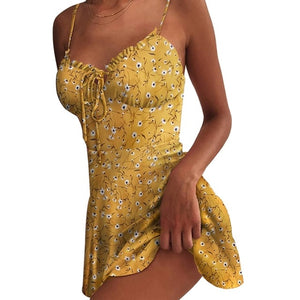 Muyogrt Women Dress Summer V Neck Sexy Floral Print Mini Dress  Shoulder Ruffle Party Dress Femme Backless A-Line Short Dress