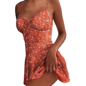 Muyogrt Women Dress Summer V Neck Sexy Floral Print Mini Dress  Shoulder Ruffle Party Dress Femme Backless A-Line Short Dress