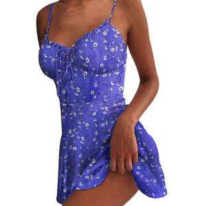 Muyogrt Women Dress Summer V Neck Sexy Floral Print Mini Dress  Shoulder Ruffle Party Dress Femme Backless A-Line Short Dress