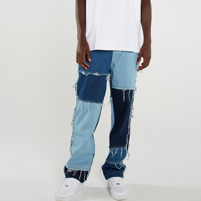 Men Wash Splice Casual Straight Tassel Patchwork Jeans Trousers Male Fashion Streetwear Loose Hip Hop Denim Full Length Pants