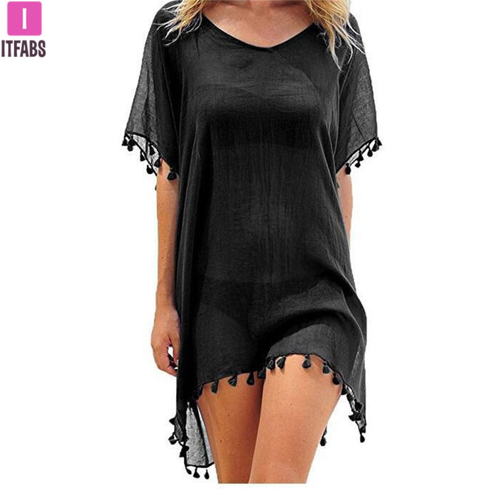 2021 gasa borlas ropa de playa mujer traje de baño cubrir traje de baño verano Mini vestido suelto sólido Pareo cubrir Ups