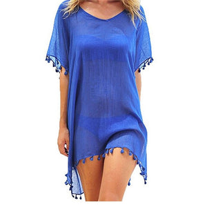 2021 gasa borlas ropa de playa mujer traje de baño cubrir traje de baño verano Mini vestido suelto sólido Pareo cubrir Ups