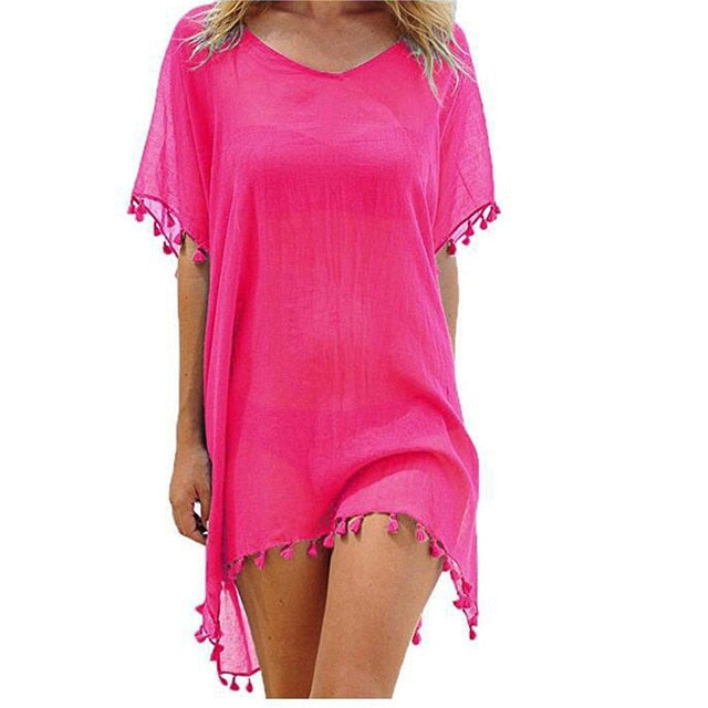 2021 gasa borlas ropa de playa mujer traje de baño cubrir traje de baño verano Mini vestido suelto sólido Pareo cubrir Ups