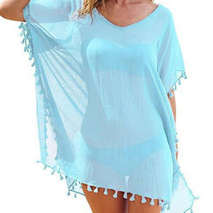 2021 gasa borlas ropa de playa mujer traje de baño cubrir traje de baño verano Mini vestido suelto sólido Pareo cubrir Ups